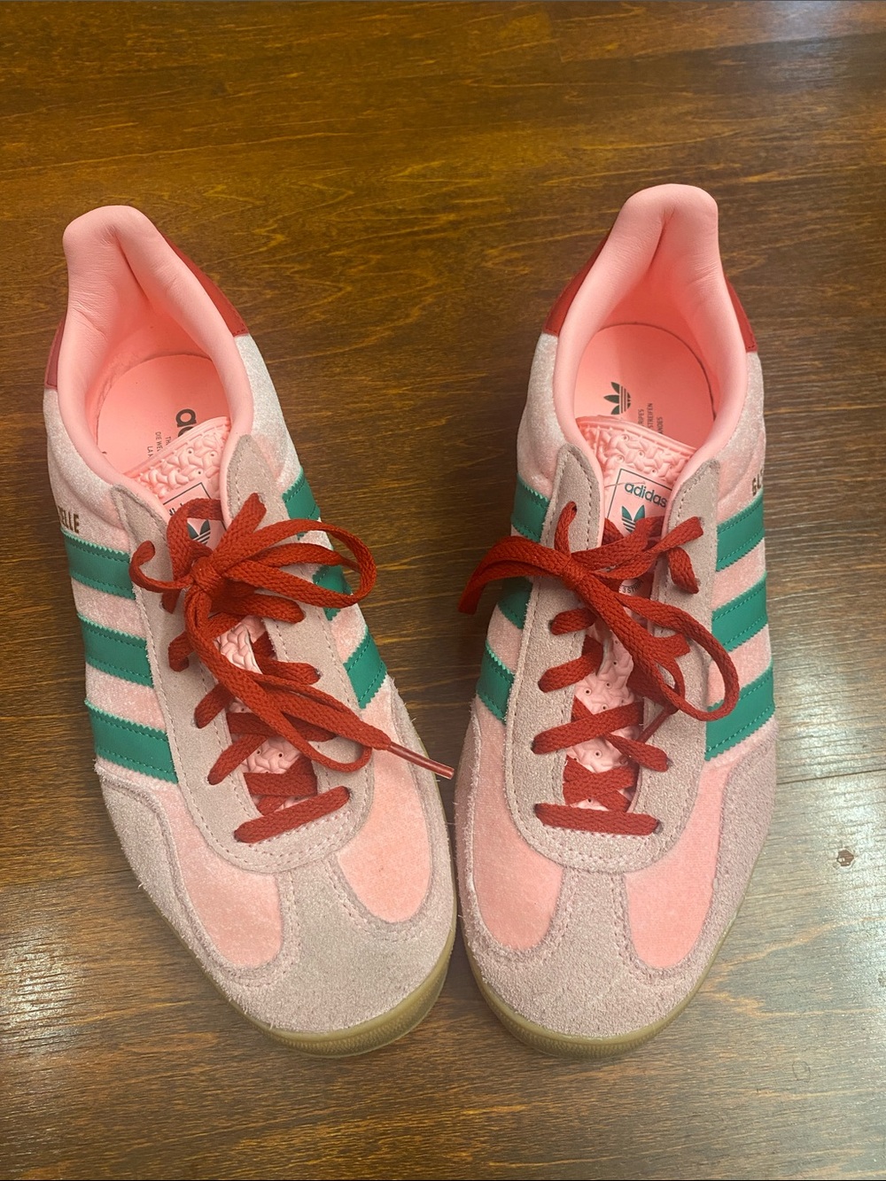 adidas Pink Suede Sneakers with Green Stripes and Red Laces